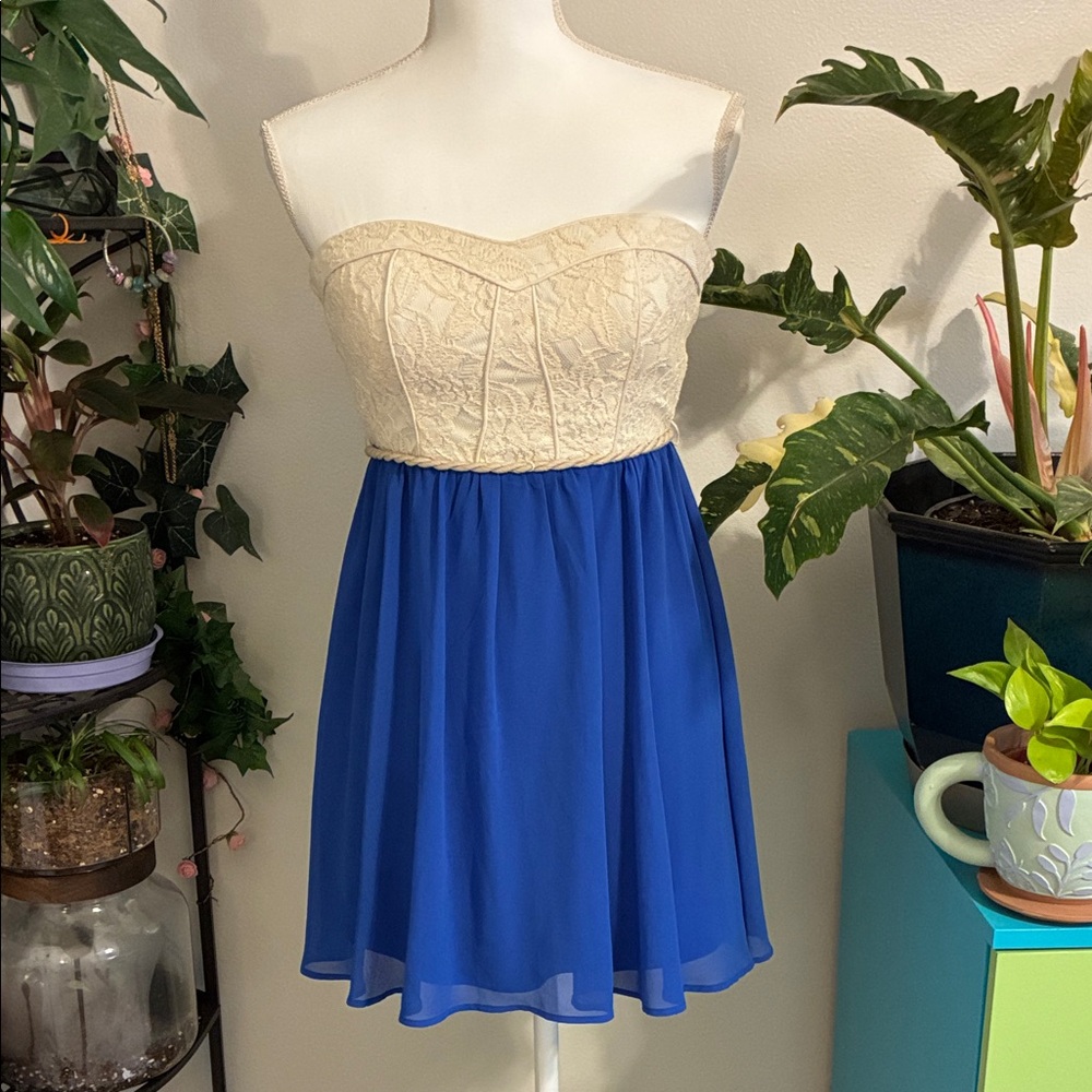 My Michelle Cream & Blue Strapless Lace Dress